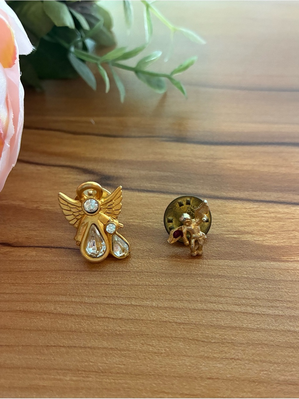 Set of 2 Gold Angel Wing Pins with Crystals - Women's Jewelry